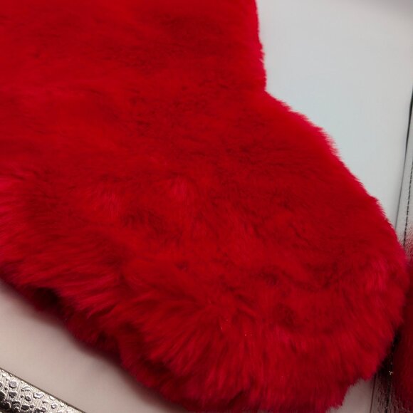 Large Red Faux Fur Christmas Stocking with White Trim and Pom Poms - Picture 4 of 10